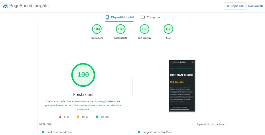 Prestazioni Google Page Speed da Mobile relative al sito web di Cristian Turco